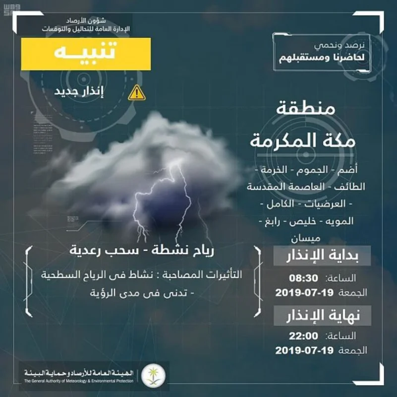 "الأرصاد": أمطار رعدية متوقعة على عدد من محافظات مكة المكرمة