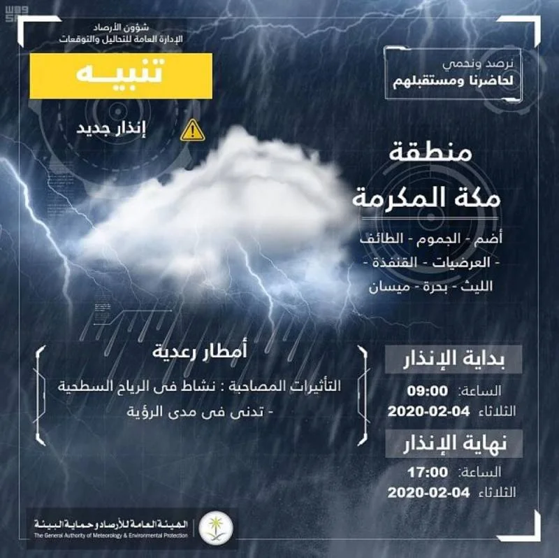 "الأرصاد" تنبه: أمطار رعدية على عدد من محافظات منطقة مكة