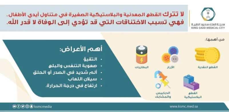 "سعود الطبية": 5 أعراض تدل على ابتلاع الطفل لقطعة معدنية أو بلاستيكية