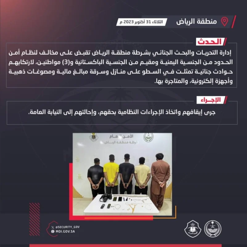 شرطة الرياض تقبض على (5) أشخاص لارتكابهم حوادث سطو على منازل