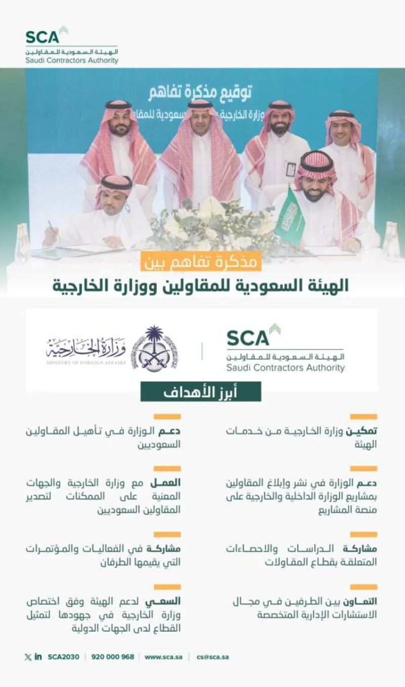 وزارة الخارجية والهيئة السعودية للمقاولين توقعان مذكرة تفاهم لتعزيز التعاون في قطاع المقاولات