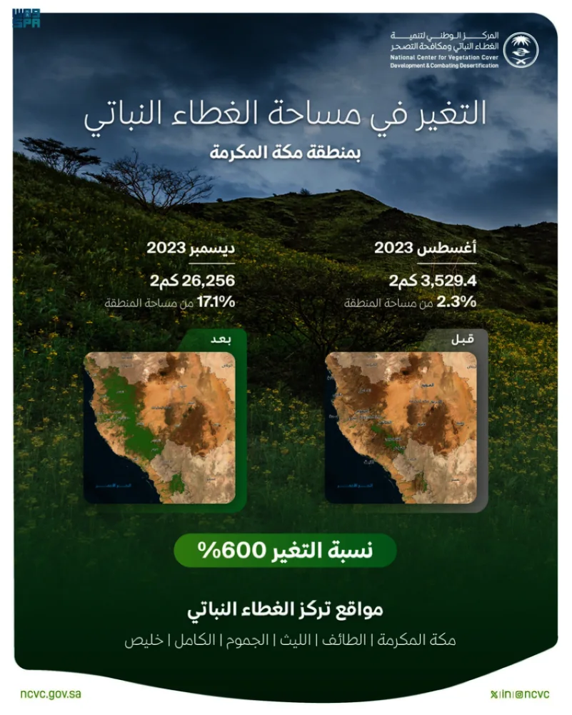 "الغطاء النباتي": 600% زيادة في المساحات الخضراء بمنطقة مكة المكرمة