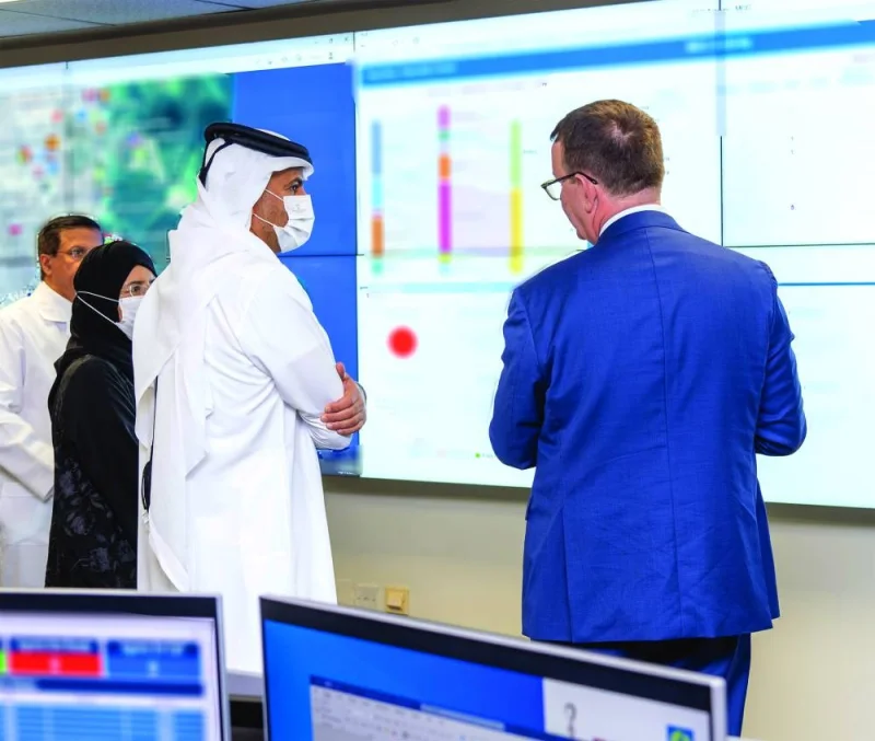 HE the Prime Minister and Minister of Interior Sheikh Khalid bin Khalifa bin Abdulaziz al-Thani and other dignitaries during their visit to the National Health Incident Command Centre.