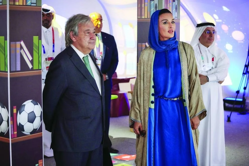Her Highness Sheikha Moza and UN chief Guterres at the tent classroom designed by the late Zaha Hadid.