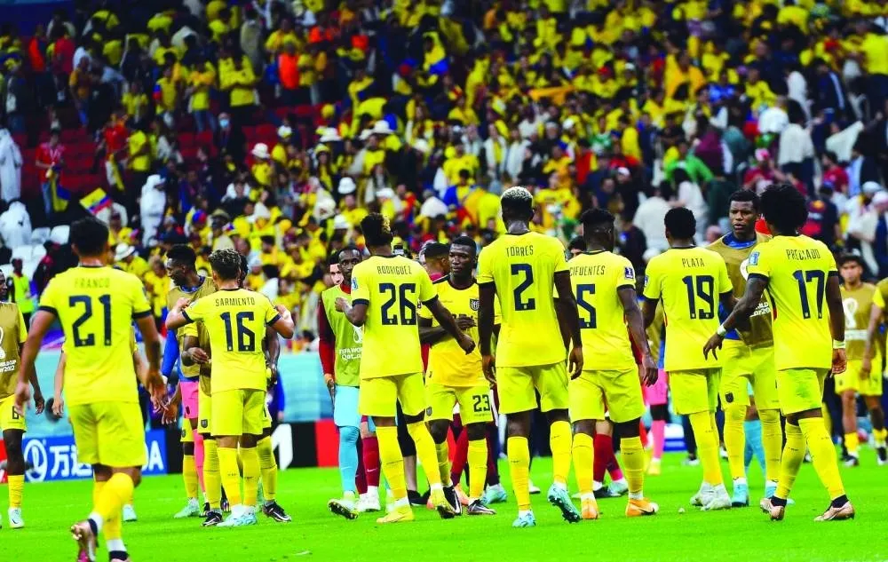 Ecuador players celebrate their 2-0 win over Qatar in the opening match of the FIFA World Cup Qatar 2022 at Al Bayt Stadium Sunday.