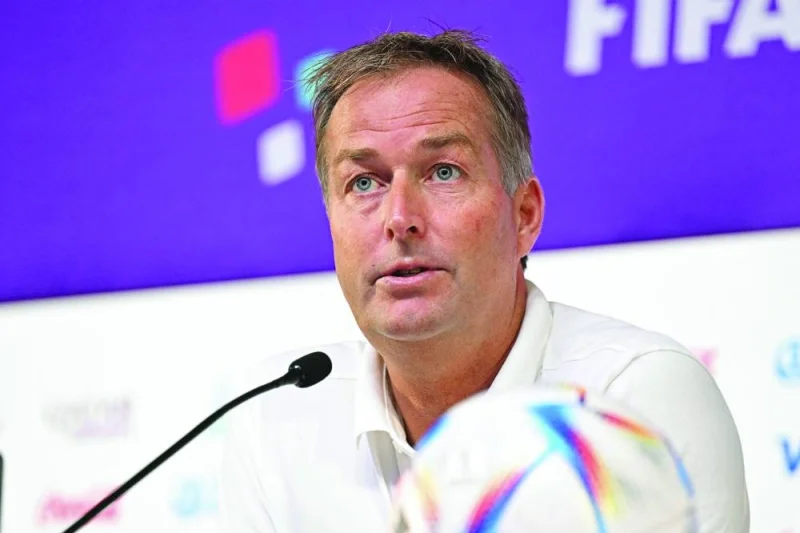 Denmark’s coach Kasper Hjulmand speaks at a press conference in Doha, yesterday.