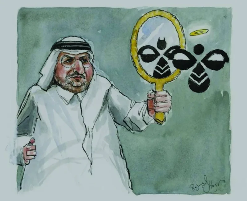 A drawing by Rasmus Sand Hoyer, published by Jyllands-Posten, depicting Gulf Times Editor-in-Chief Faisal Abdulhameed al-Mudahka investigating the actions of Hummel.