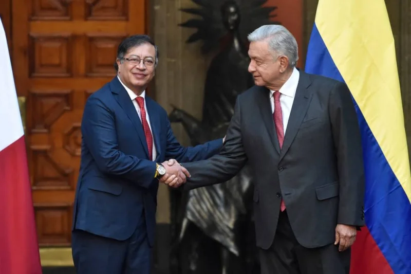 Colombian President Gustavo Petro (L) shakes hands with his Mexican counterpart Andres Manuel Lopez Obrador (R) during Petro&#039;s official visit to the country. (AFP)