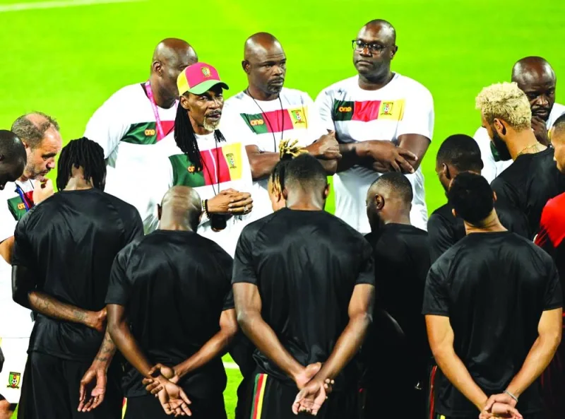 Cameroon coach Rigobert Song with the players during training at Al Sailiya SC Stadium, Al Rayyan, on Thursday. 