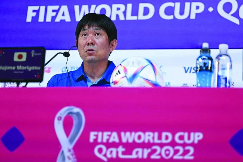 Japan's coach Hajime Moriyasu attends a press conference at the Qatar National Convention Center in Doha. (Reuters)