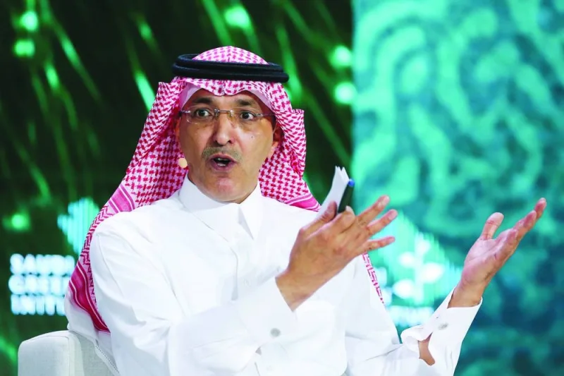 Saudi Minister of Finance Mohamed al-Jadaan gestures as he speaks during the Saudi Green Initiative Forum in Riyadh (file). Al-Jadaan has said the government will continue to access debt markets with the kingdom’s sovereign wealth fund, the Public Investment Fund, following through on its plans.