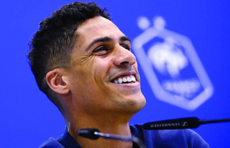 France’s defender Raphael Varane gives a press conference at the Jassim bin Hamad Stadium in Doha yesterday. (AFP)