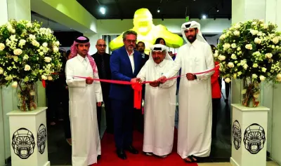 HE Sheikh Faisal bin Qassim al-Thani, along with HE Sheikh Mohammed bin Faisal al-Thani (right), leads the ribbon-cutting ceremony inaugurating the Richard Orlinski exhibition at City Center Doha Monday. PICTURES: Shaji Kayamkulam