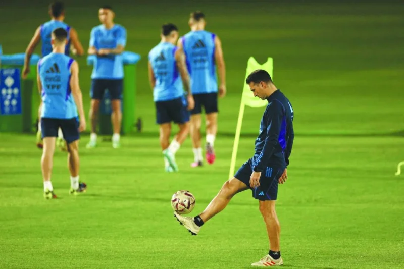 Argentina’s coach Lionel Scaloni at training session at the Qatar University yesterday. (AFP)
