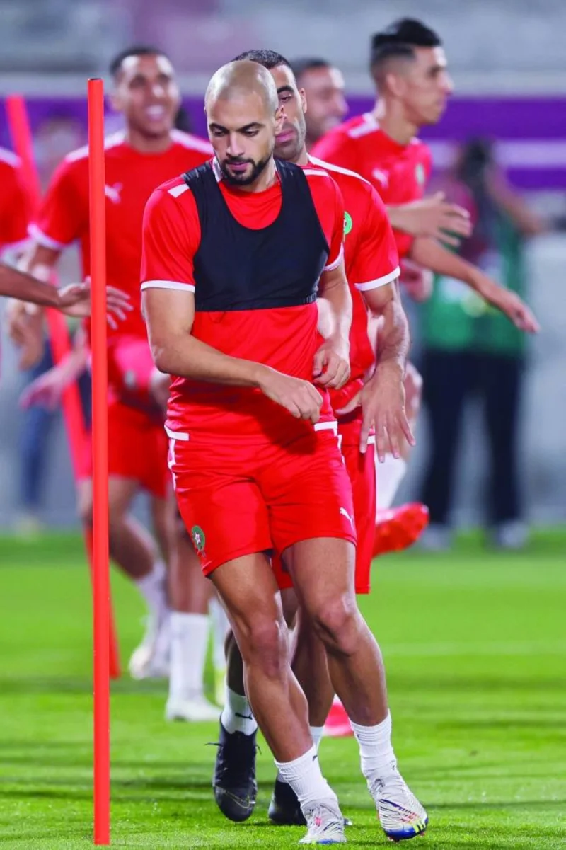 Morocco’s midfielder Sofyan Amrabat attends a training session at the Al Duhail SC Stadium in Doha yesterday. (AFP)