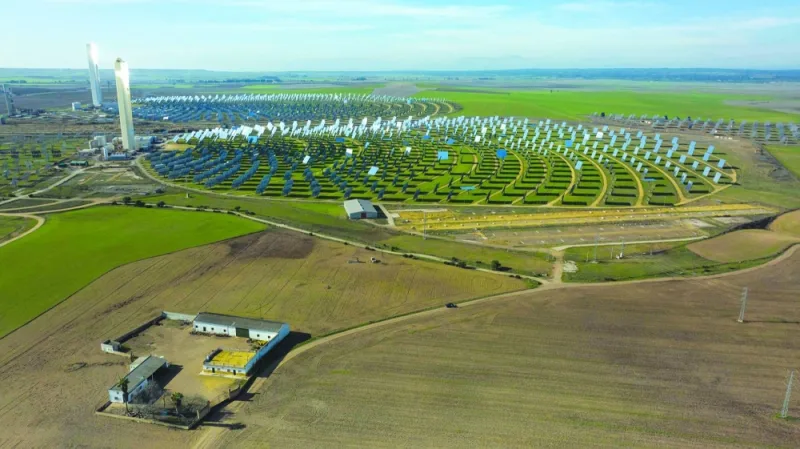 This picture taken yesterday shows an aerial view of the solar power tower at Atlantica Yield solar plant in Sanlucar La Mayor.