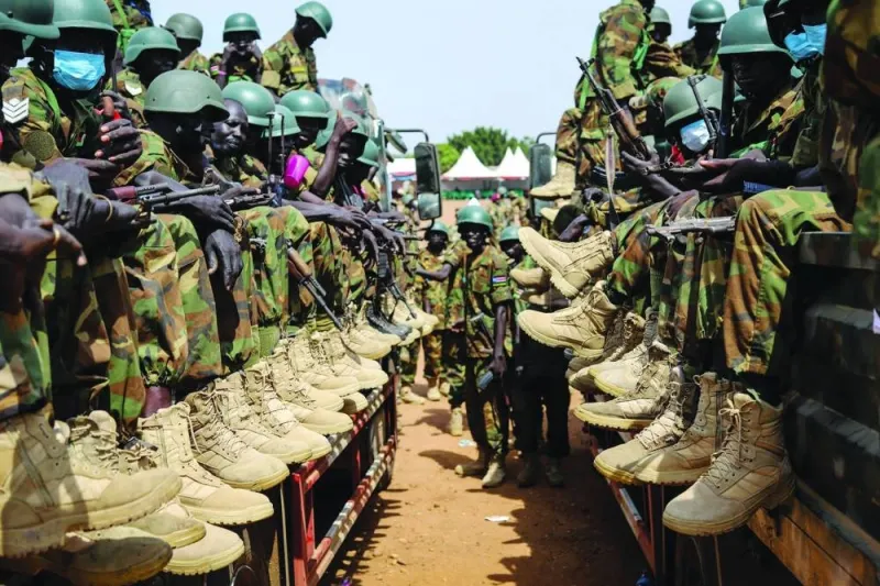 Soldiers of the South Sudan People’s Defence Forces (SSPDF) prepare to be deployed to the Democratic Republic of the Congo (DR Congo) after their departure ceremony at the SSPDF Headquarters in Juba. South Sudan will send 750 soldiers to the eastern DR Congo soon to join a regional force fighting a rebel offensive, a military spokesman said. Fierce fighting in recent months between Congolese troops and the M23 rebel group prompted the East African Community (EAC) bloc to deploy a joint regional force to quell the violence, with Kenya and Uganda also sending soldiers to the DR Congo.