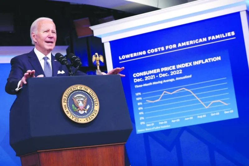 US President Joe Biden delivers remarks on the economy and inflation in the Eisenhower Executive Office Building yesterday in Washington, DC. While there is some way to go in curbing inflation, “we’re clearly moving in the right direction,” he told reporters.