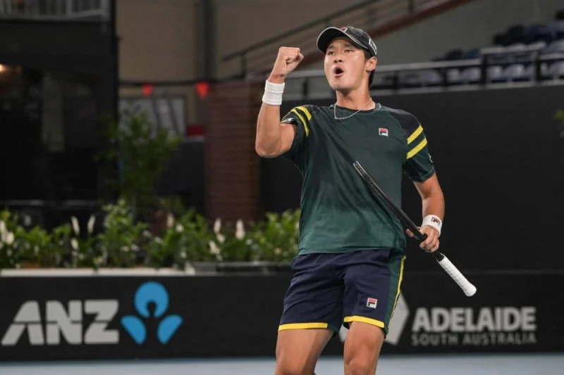 South Korea&#039;s Kwon Soon-woo reacts after winning a game against Spain&#039;s Roberto Bautista Agut during the men&#039;s singles final match at the ATP Adelaide International tournament in Adelaide on January 14, 2023. (AFP)