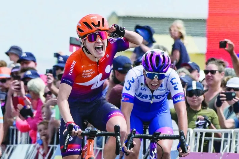 Polish rider Daria Pikulik from team Human Powered Health celebrates winning stage one of the Women’s Tour Down Under - a UCI cycling event - in Adelaide yesterday. (AFP)