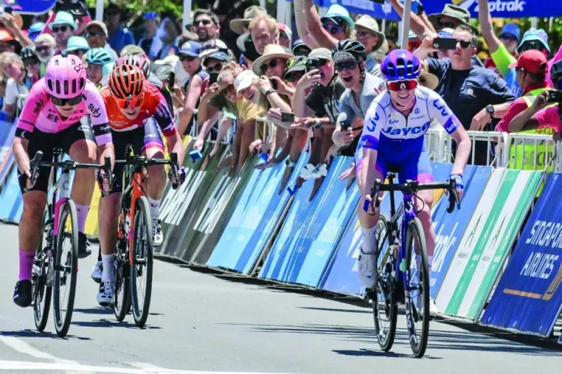 Australian rider Alexandra Manly (right) from Team Jayco-AlUla wins stage two of the Women’s Tour Down Under in Adelaide yesterday. (AFP) 