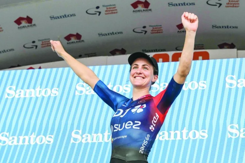 Australian Grace Brown from French team FDJ-SUEZ celebrates winning the Women’s Tour Down Under in Adelaide yesterday. (AFP) 