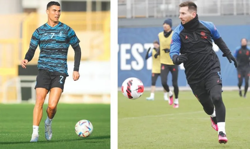 From left: Al Nassr’s Cristiano Ronaldo will play his first match in Saudi Arabia tomorrow, PSG’s Lionel Messi in action during a training session in Paris.