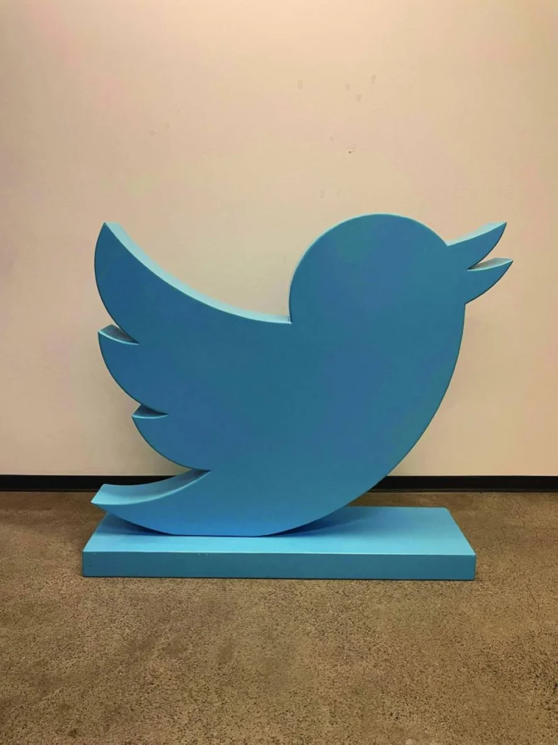 This undated handout photo courtesy of Heritage Global Partners (HGP) shows a Twitter bird statue, part of Elon Musk’s online auction of ‘surplus corporate office assets’.