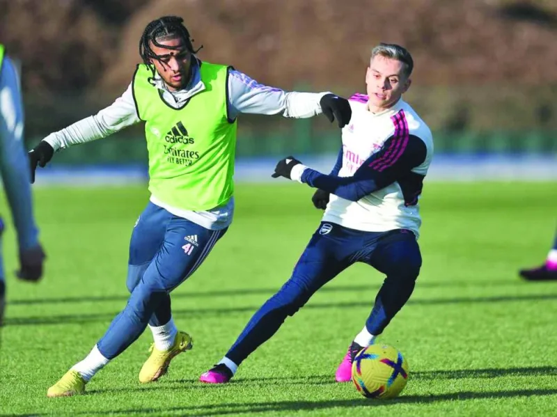 Arsenal’s new signing Leandro Trossard (right) trains in London on Friday.