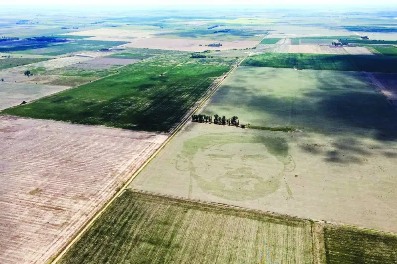 Aerial view of a corn field displaying an image of the face of Argentine football star Lionel Messi, in Ballesteros, Cordoba province, Argentina.