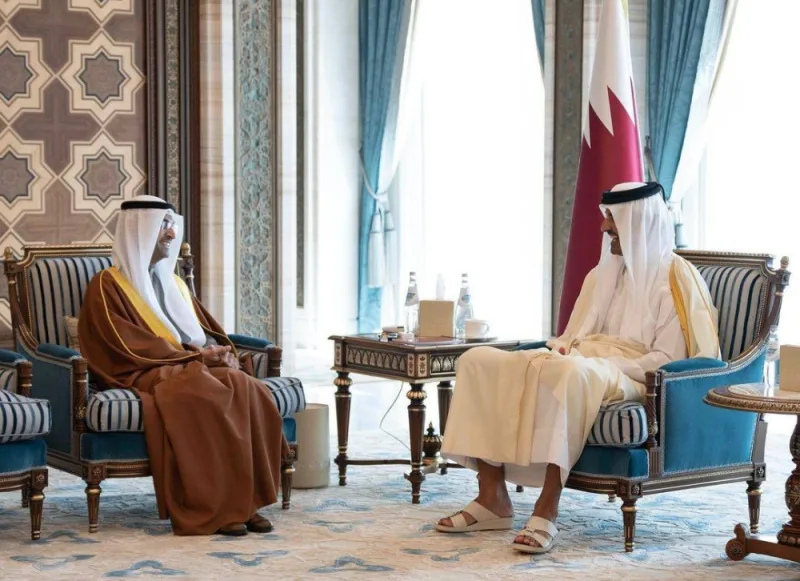 His Highness the Amir Sheikh Tamim bin Hamad al-Thani meets with Secretary-General of the Cooperation Council for the Arab States of the Gulf (GCC) Dr Nayef bin Falah Al Hajraf.