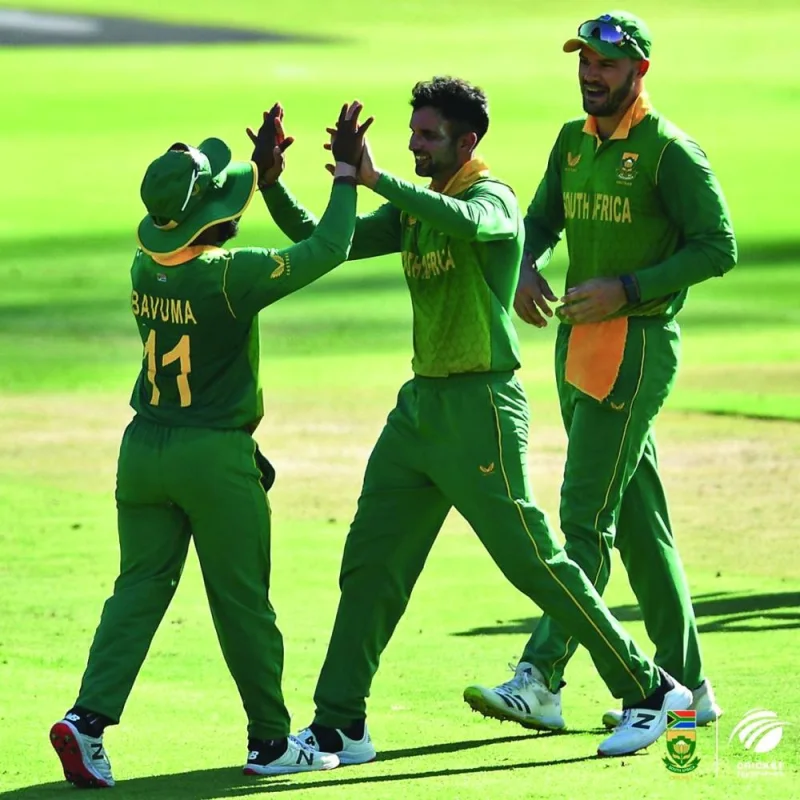 South Africa captain Temba Bavuma (left) celebrates a wicket with Keshav Maharaj (centre) and Aiden Markram in this file photo. Bavuma will lead South Africa in an ODI series against England starting tomorrow.  