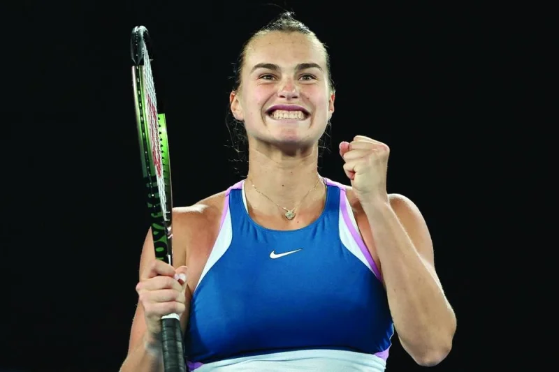 Belarus’ Aryna Sabalenka celebrates after her victory over Poland’s Magda Linette in the Australian Open semi-final yesterday. (AFP)