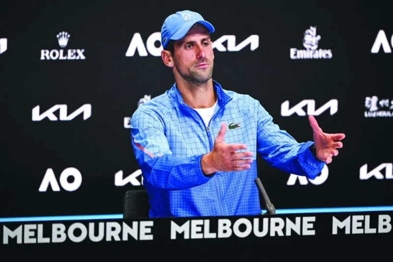 Serbia’s Novak Djokovic gives a press conference after his victory against Tommy Paul of the US after their singles semi-final match on day 12 of the Australian Open in Melbourne yesterday. (AFP) 