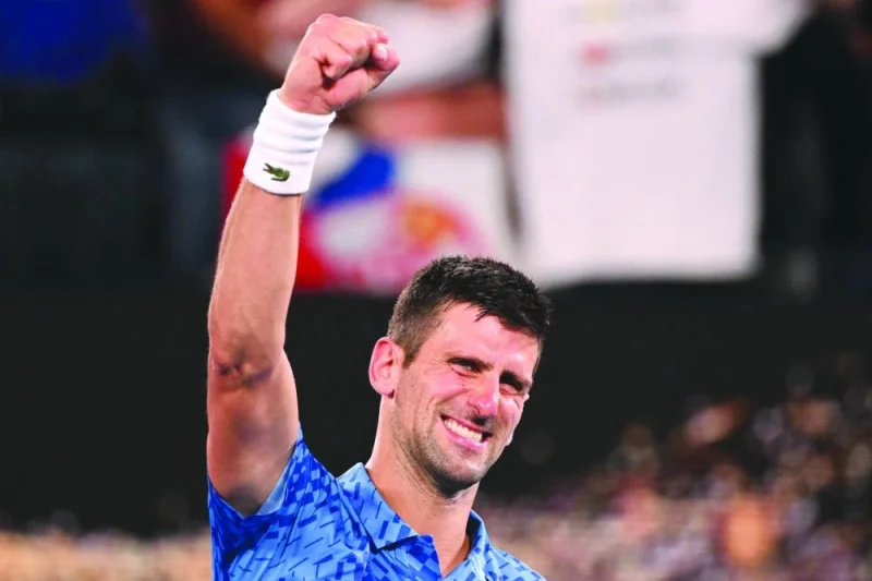 Serbia’s Novak Djokovic celebrates after his victory over Tommy Paul of the US in the Australian Open semi-finals. (AFP)