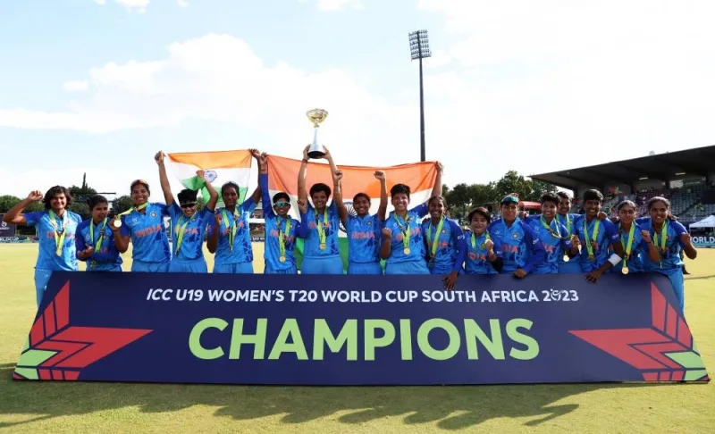 Indian players celebrate winning the inaugural ICC Women’s U-19 World Cup in Potchefstroom, South Africa, yesterday. India beat England by seven wickets in the final.