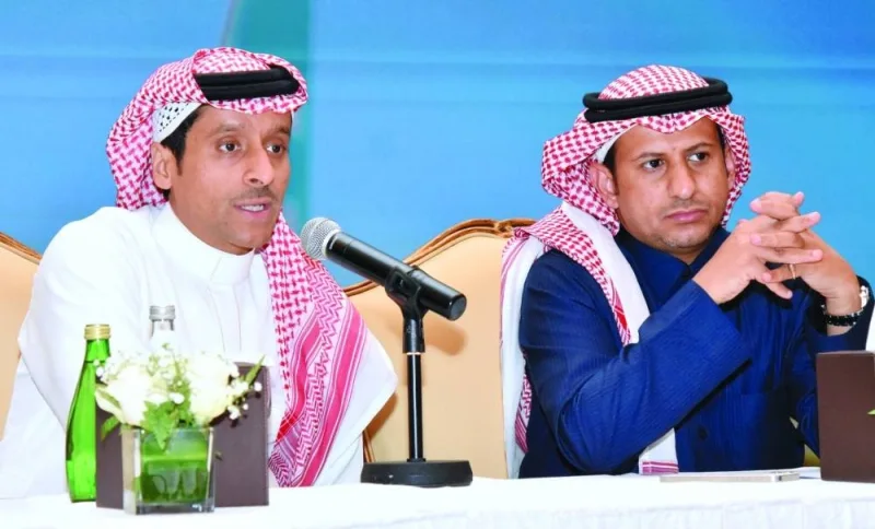 Abdulilah Suliman Aleadi (left) and Mousa al-Bahri addressing a press conference at Sharq Village Monday. PICTURE: Thajudheen