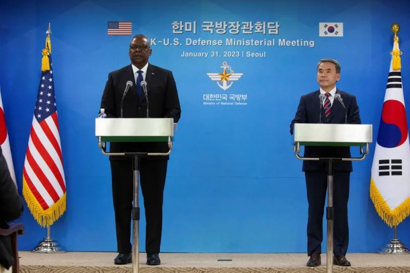 U.S Secretary of Defence Lloyd Austin speaks as he attends a joint press conference with South Korean Defence Minister Lee Jong-sup after their meeting at the Defence Ministry in Seoul, South Korea, 31 January 2023.  (REUTERS)