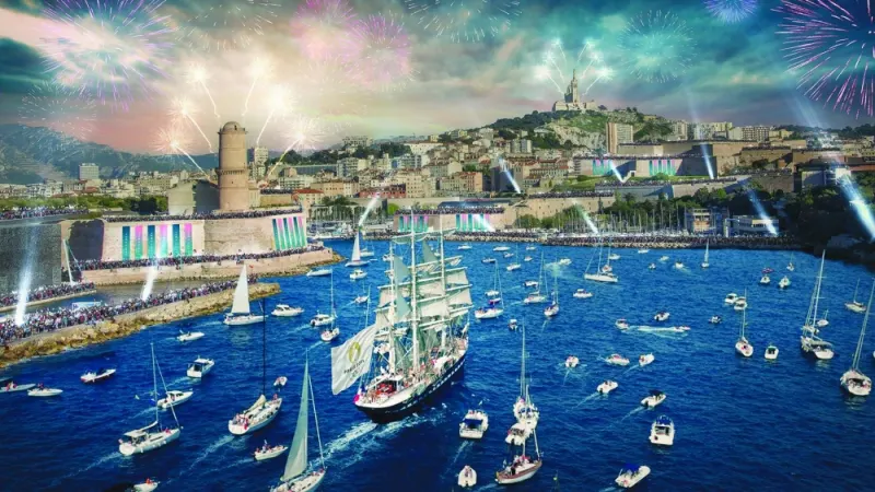 A visual creation released by the Paris 2024 Olympic committee shows the Belem, a historic three-mast ship, entering the Old Port of Marseille with the Olympic flame, while taking part in the Torch Relay for Paris 2024 Olympics. (Reuters)