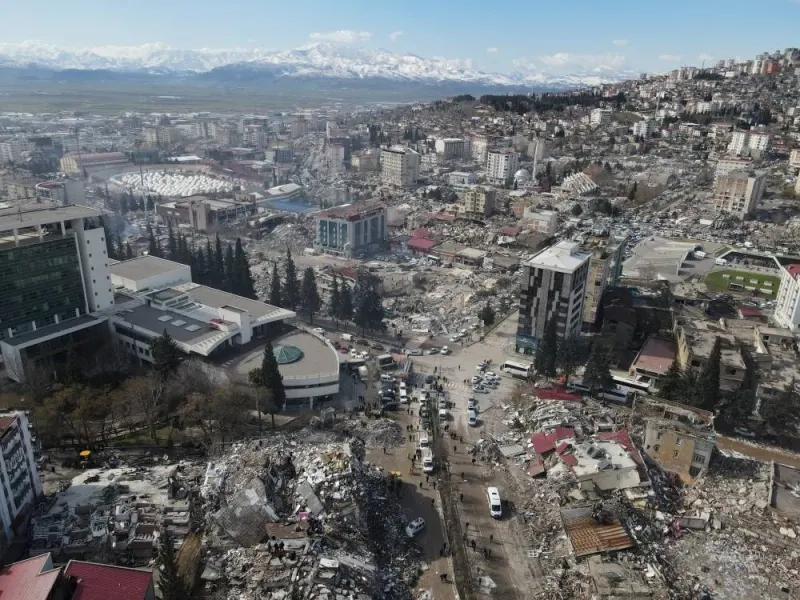 An aerial view shows damaged and collapsed buildings following an earthquake, in Kahramanmaras, Turkey Tuesday. REUTERS