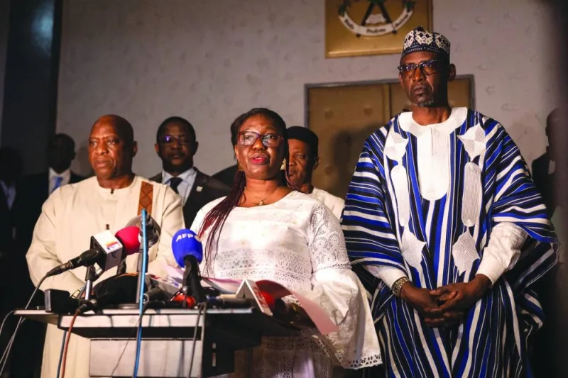 Olivia Rouamba (centre), Minister of Foreign Affairs of Burkina Faso, speaks during a joint press conference with Morissanda Kouyate (left), Minister of Foreign Affairs of Guinea and Abdoulaye Diop, Minister of Foreign Affairs of Mali, in Ouagadougou.
