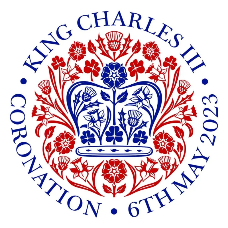 The official emblem in English language of the coronation of King Charles, created by designer Jony Ive.