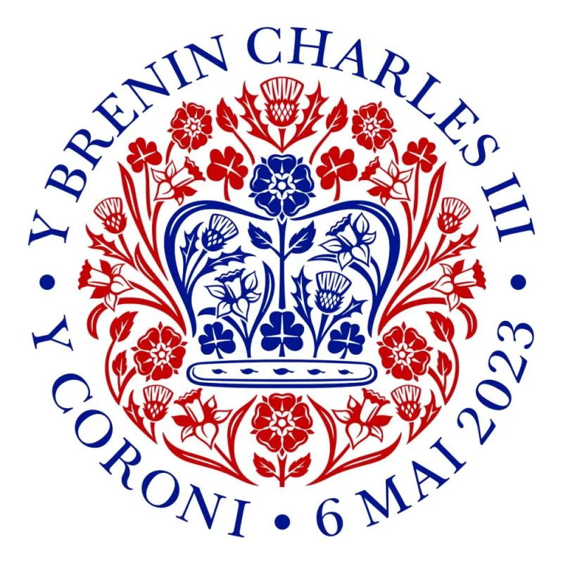 The official emblem in Welsh language of the coronation of Britain's King Charles, created by designer Jony Ive.