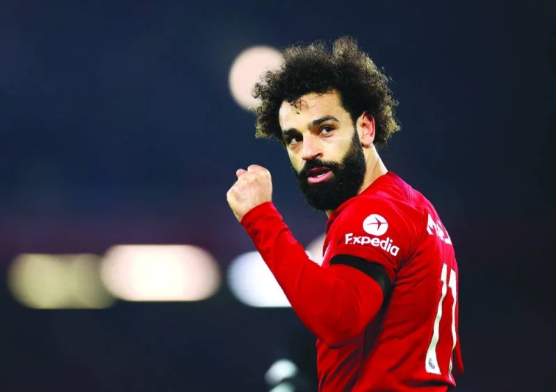 Liverpool’s Mohamed Salah celebrates scoring against Everton on Monday. (Reuters)