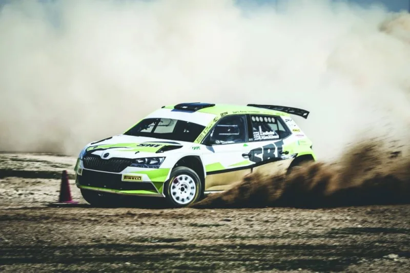 Emil Lindholm carries out a brief shakedown test with his SRT Skodas in the desert yesterday morning, ahead of the Qatar International Rally.