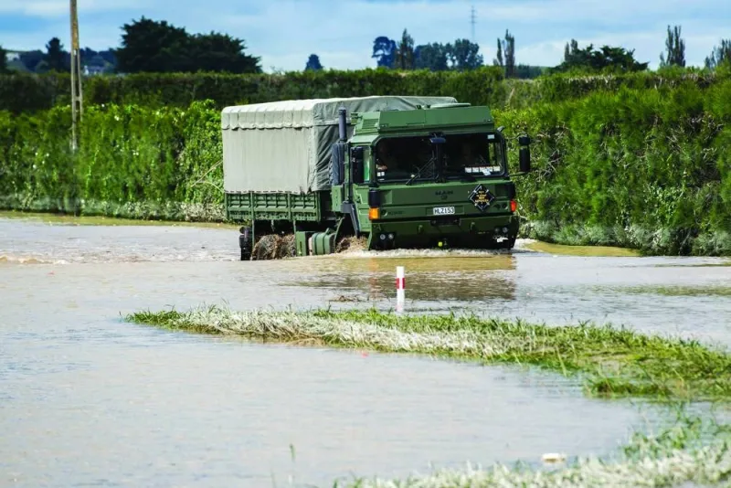 An army truck navigating floodwaters near Napier. 