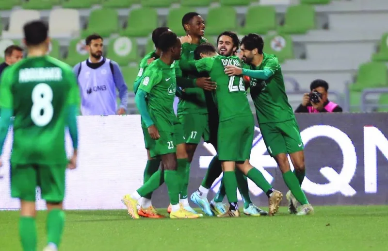 Al Ahli’s Oumar Sekou (centre) celebrates with teammates after scoring against Al Sadd during the QNB Stars League match at the Hamad Bin Khalifa Stadium on Monday.

