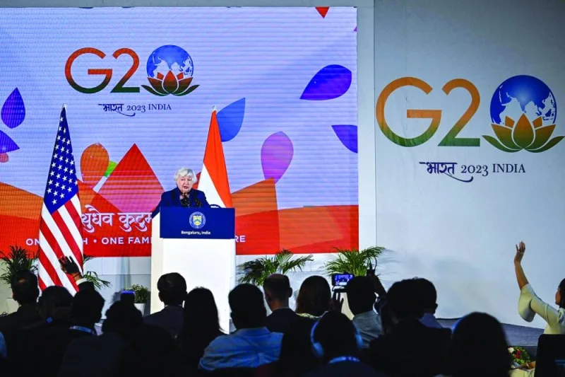 US Secretary of Treasury, Janet Yellen addresses the media during a news conference on the second day of the second meeting of the G20 Finance and Central Bank Deputies under India’s G20 Presidency in Bengaluru on Thursday. Rising debt distress in a slew of emerging economies forms the backdrop at the gathering of world’s most influential economies in India’s southern city of Bengaluru. France and Indonesia also urged reforms to the global financial architecture in a bid to quickly help developing nations facing painful debt restructuring talks after the pandemic ravaged their economies.