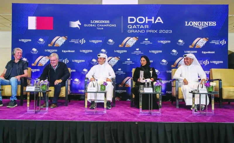 FROM LEFT: Last year’s Longines Global Champions Tour Grand Prix of Doha winner Ludger Beerbaum of Germany, GC Sports Director Marco Danese, Event Director Omar al-Mannai, Commercial Bank Sponsorship and Events Manager Ashjan Saleh al-Khalaf and Media Consultant Fahad al-Hajiri during a press conference at Al Shaqab yesterday.
