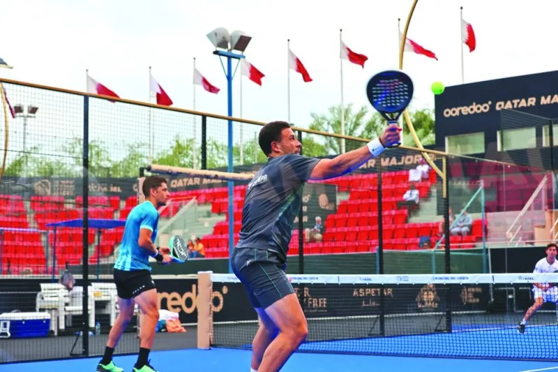 M. Sanchez of Argentina and Brazil&#039;s L. Campagnolo in action against Spanish duo E. Alonso and J. Esbri on day two of the Ooredoo Qatar Major 2023 at Khalifa Tennis and Squash Complex in Doha. Sanchez and Campagnolo won the Round of 32 match 7-5, 6-2 to advance at the tournament. 